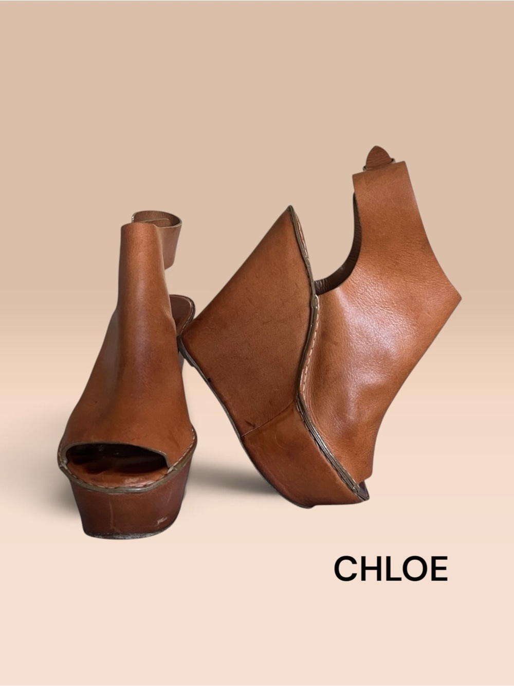 Chloe Tan Leather Platform Wedge Sandals 6.5